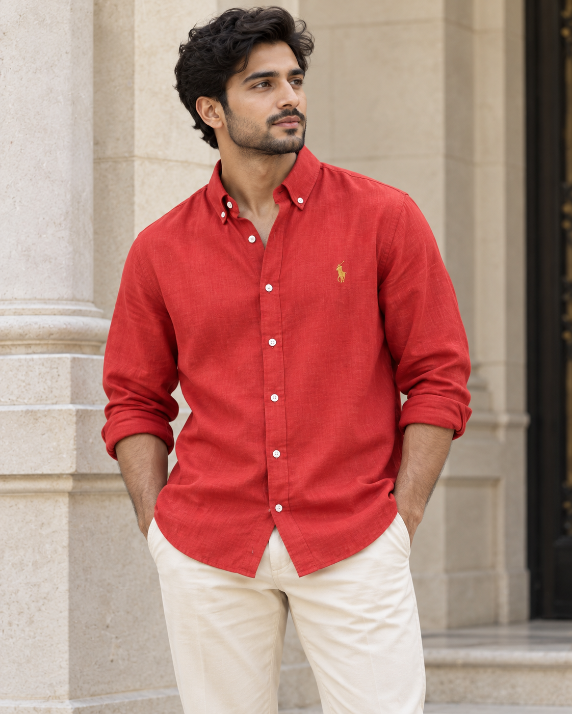 Bright Red Lyocell Linen Boxy Shirt — casual model