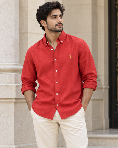 Bright Red Lyocell Linen Boxy Shirt — casual model