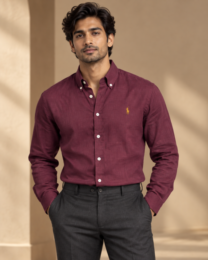 Burgundy lyocell linen boxy-fit shirt — formal view
