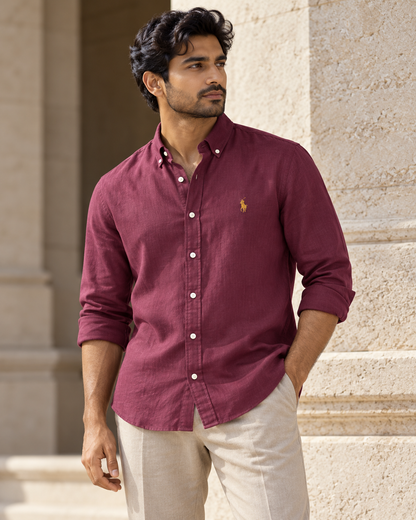 Burgundy lyocell linen boxy-fit shirt — casual view