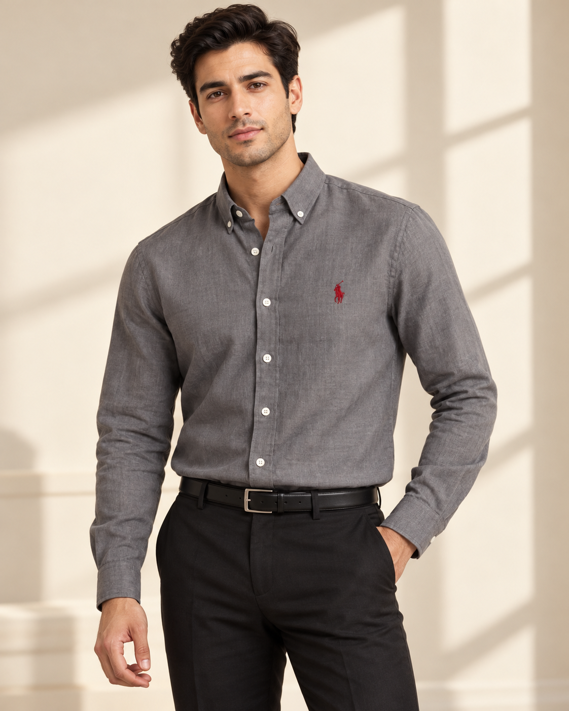 Charcoal Grey lyocell linen boxy-fit shirt — formal view