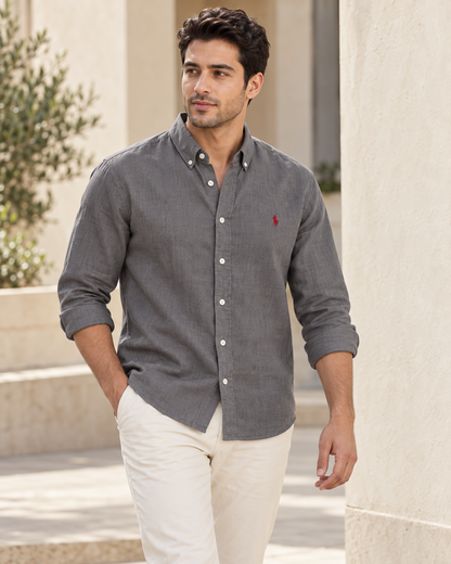 Charcoal Grey lyocell linen boxy-fit shirt — casual view