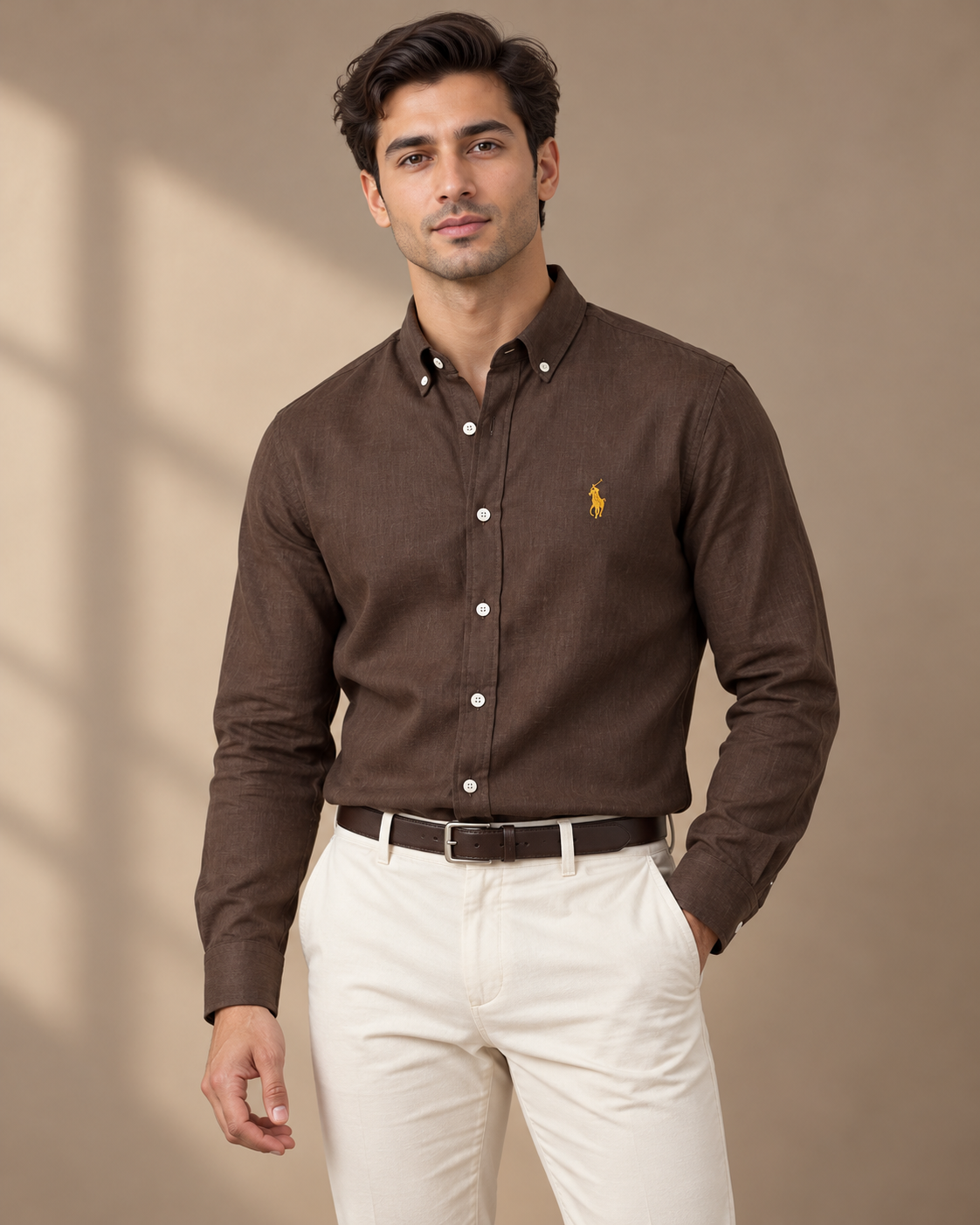 Chocolate Brown lyocell linen boxy-fit shirt — formal view