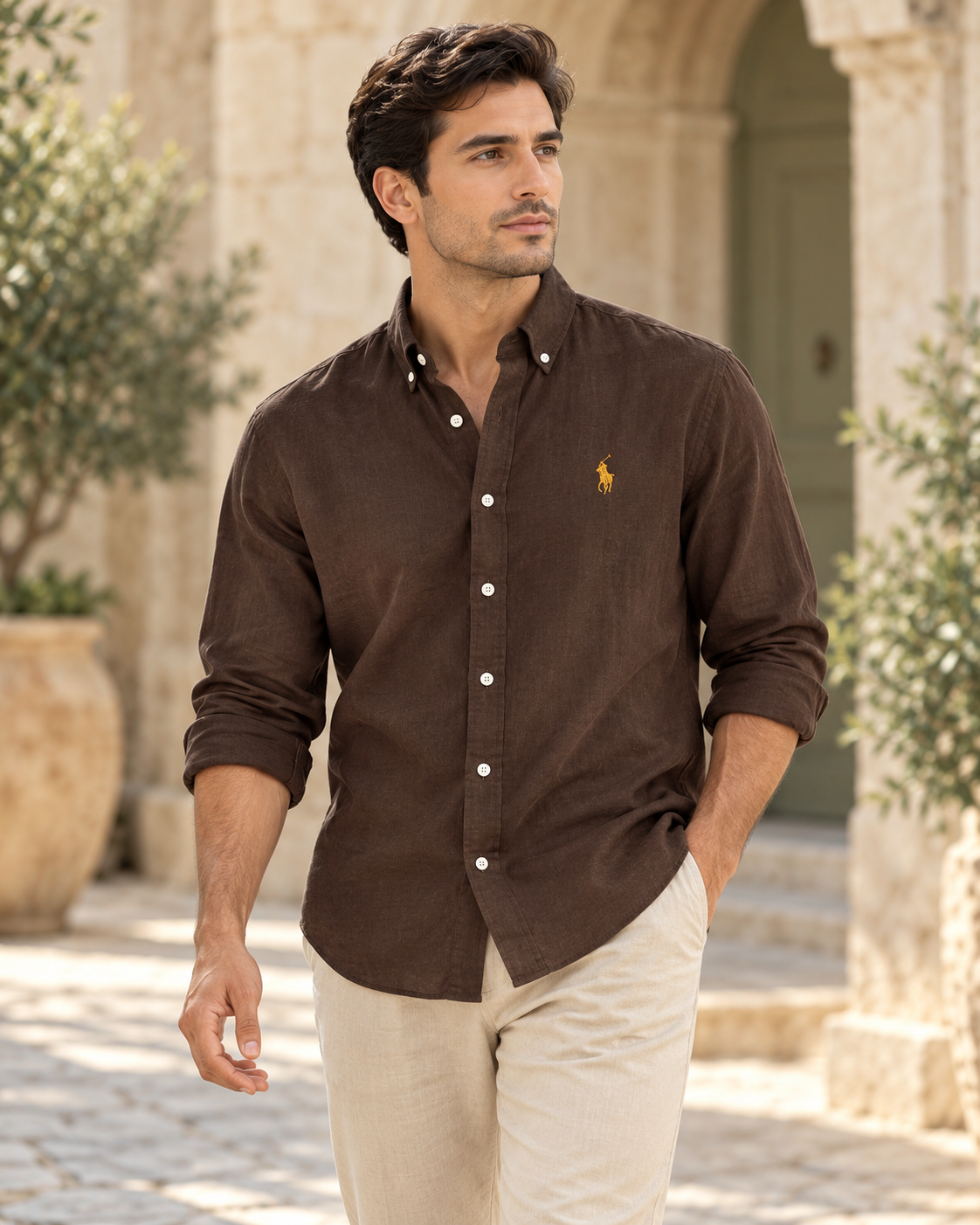 Chocolate Brown lyocell linen boxy-fit shirt — casual view