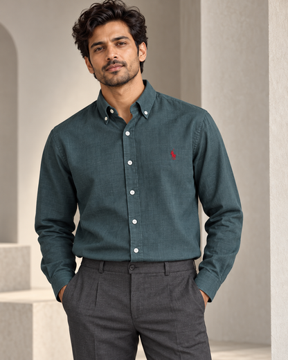 Forest Green lyocell linen boxy shirt — formal model view