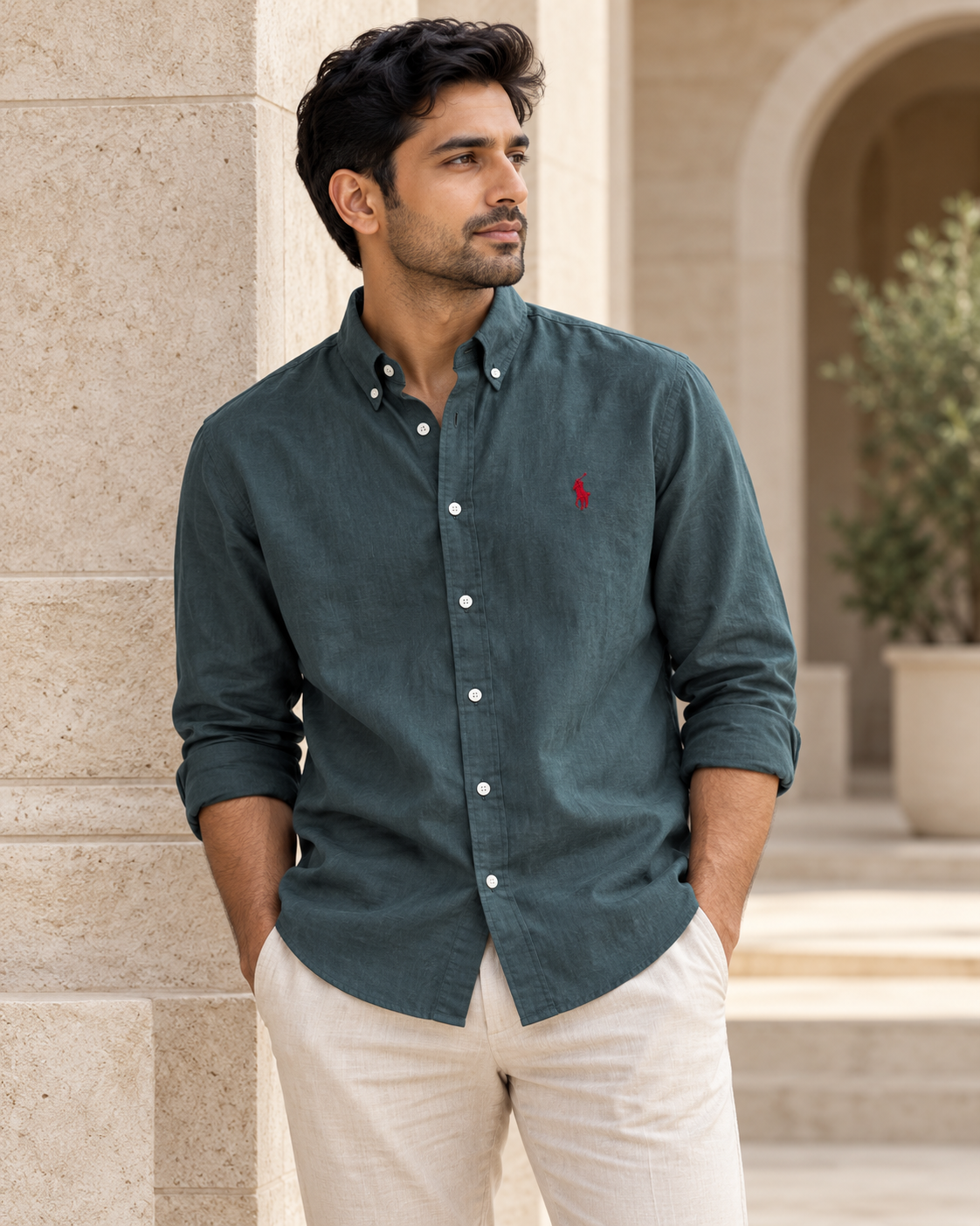 Forest Green lyocell linen boxy shirt — casual model view