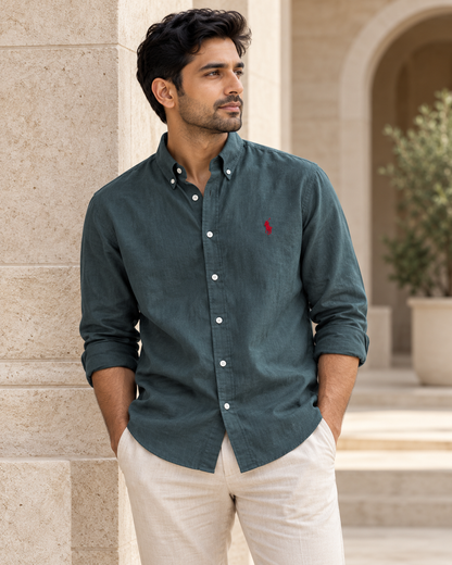Forest Green lyocell linen boxy shirt — casual model view