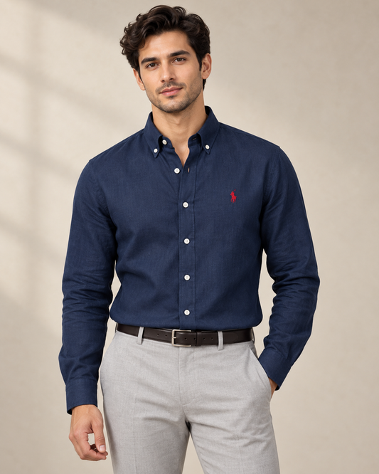 Navy Blue lyocell linen boxy-fit shirt — formal view