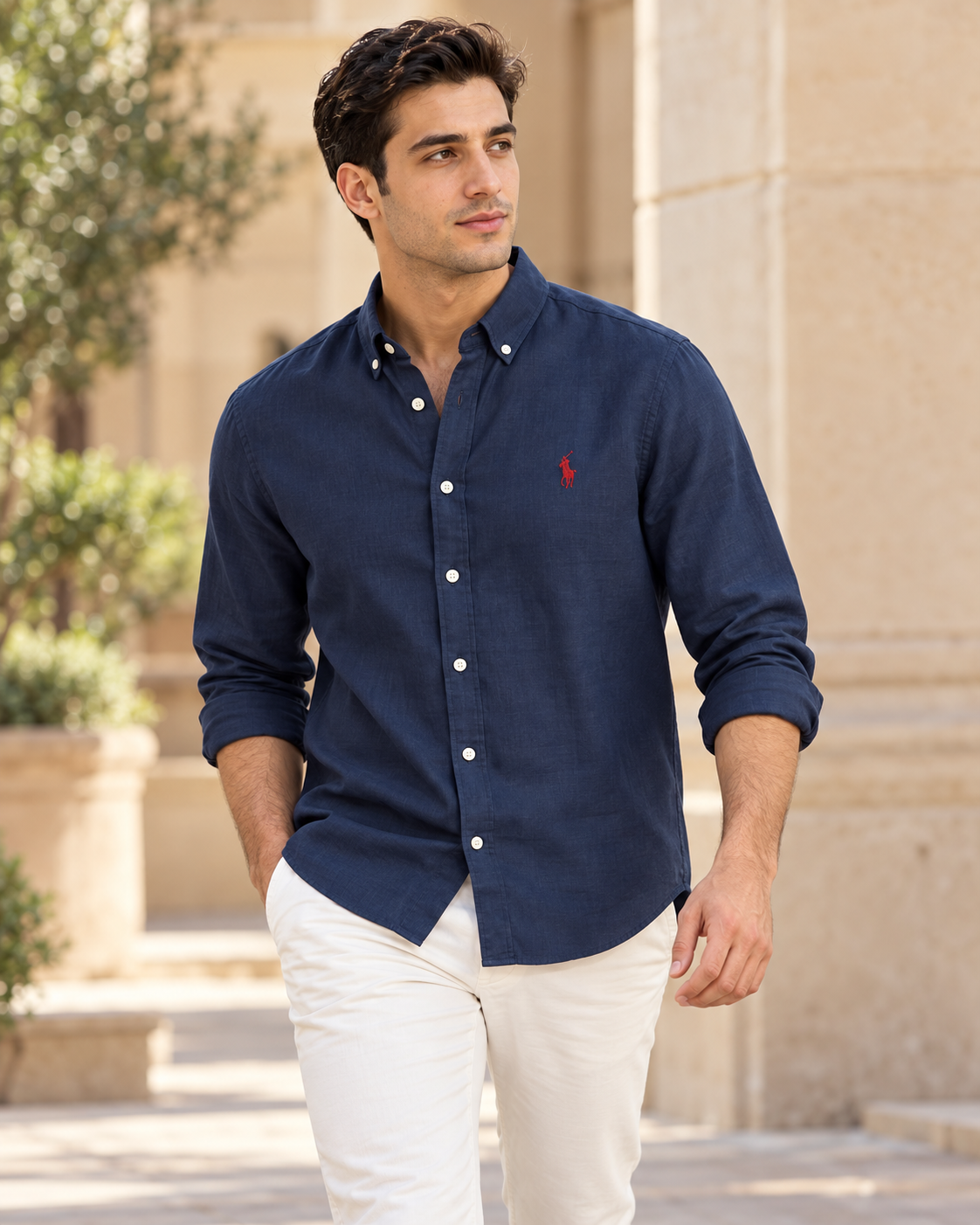 Navy Blue lyocell linen boxy-fit shirt — casual view