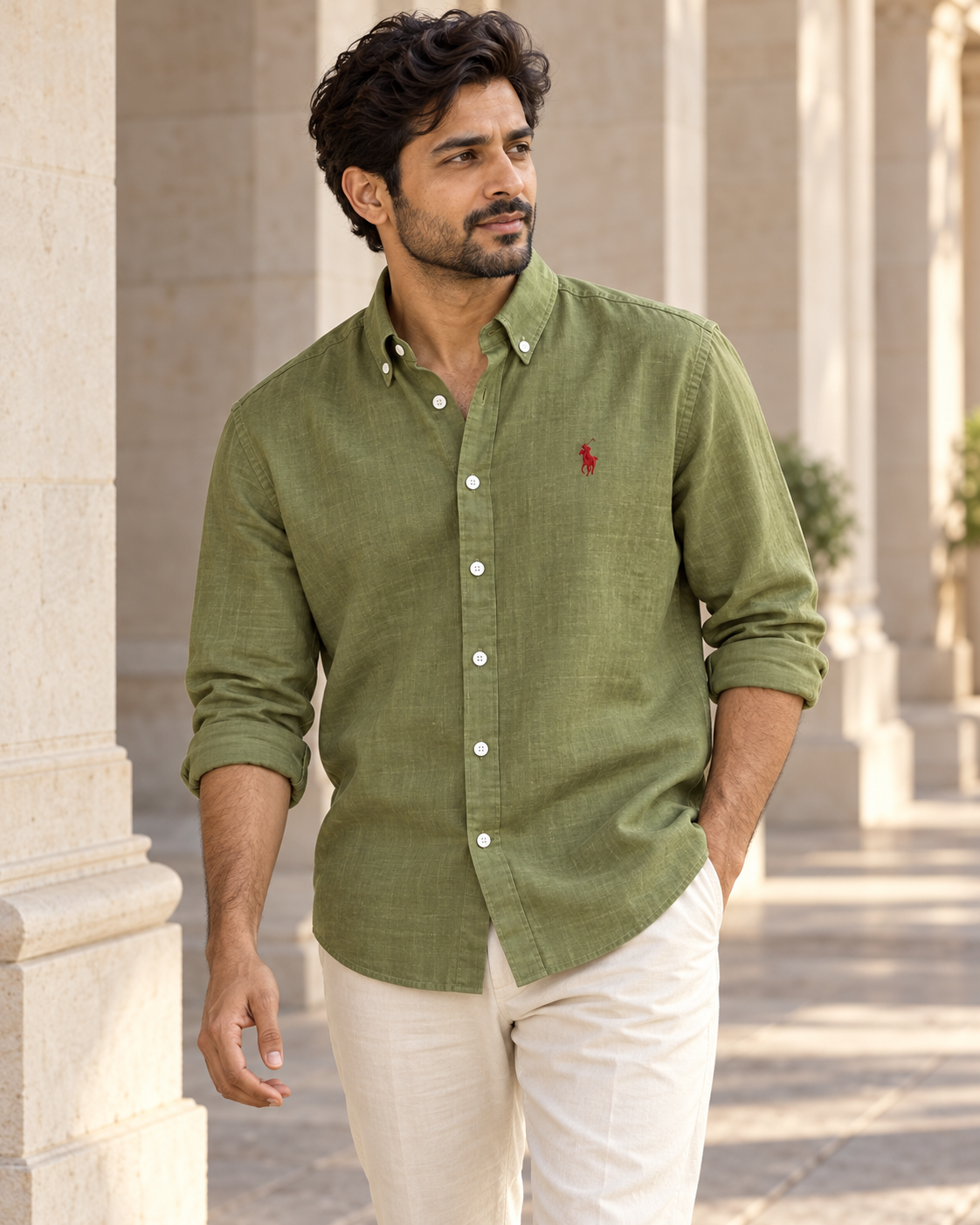 Olive Green lyocell linen boxy shirt — casual model view