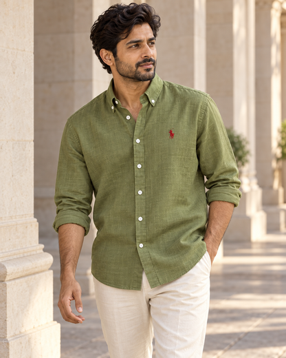 Olive Green lyocell linen boxy shirt — casual model view
