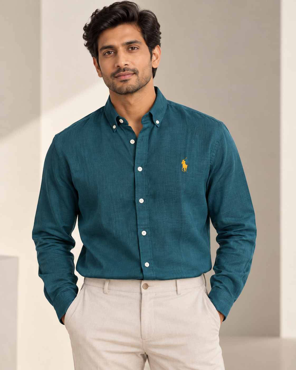 Petrol Teal lyocell linen boxy shirt — formal model view