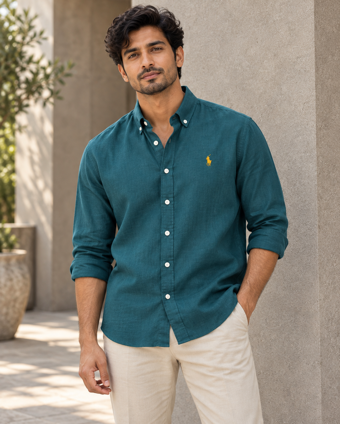 Petrol Teal lyocell linen boxy shirt — casual model view