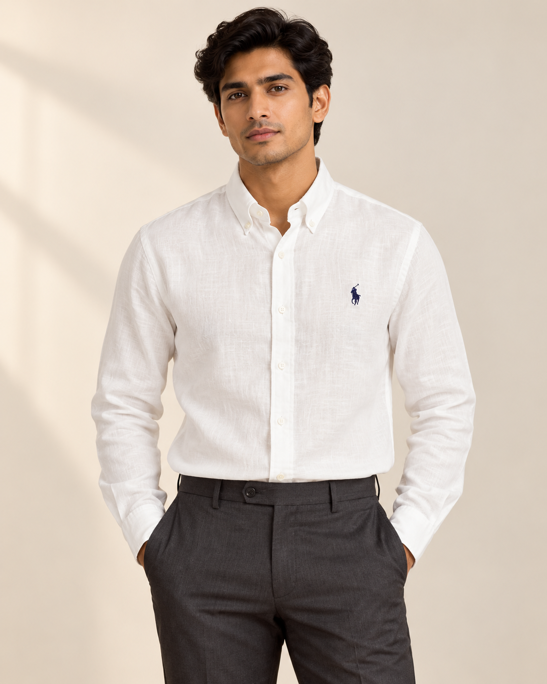 White Lyocell Linen Boxy Shirt — formal model
