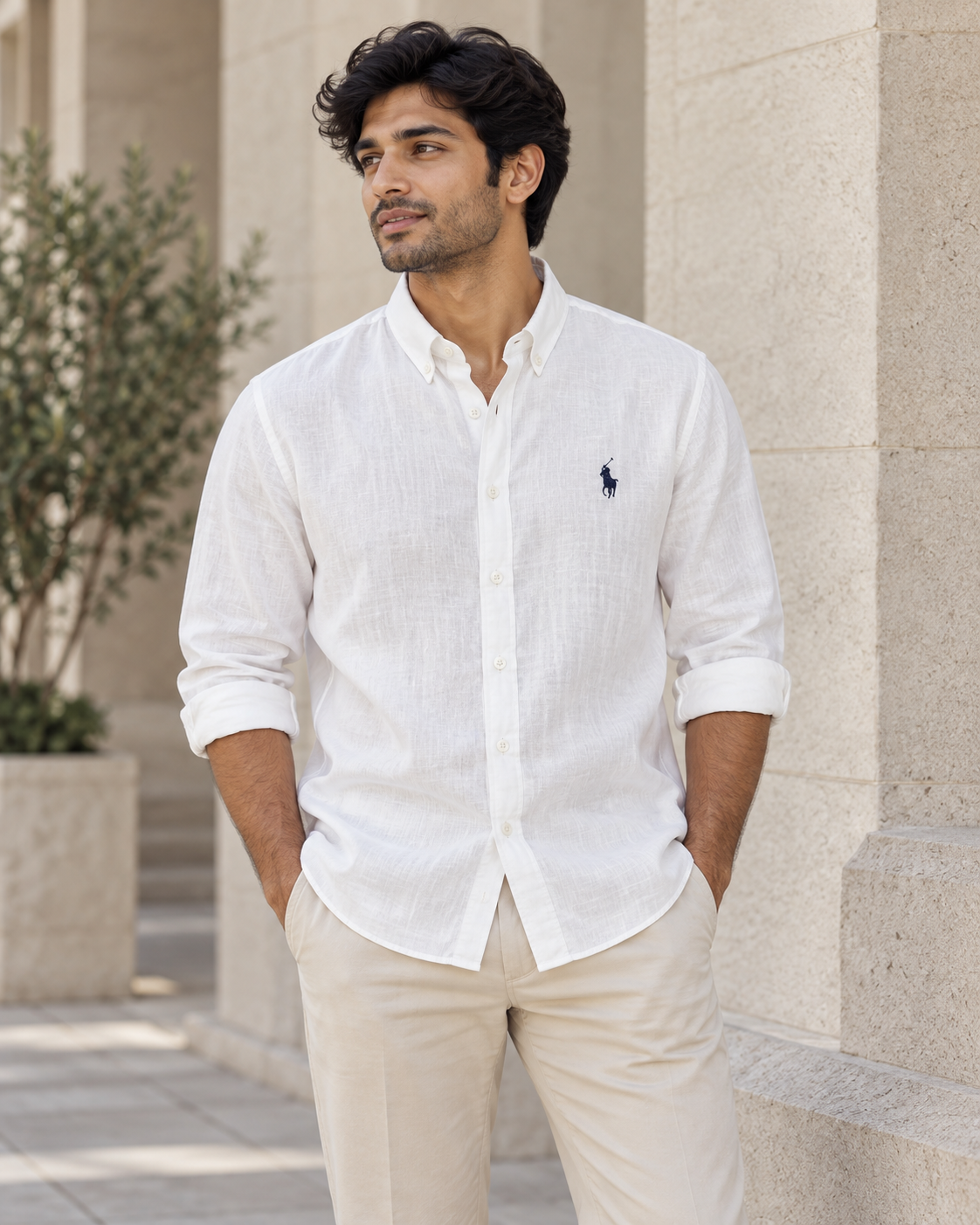White Lyocell Linen Boxy Shirt — casual model