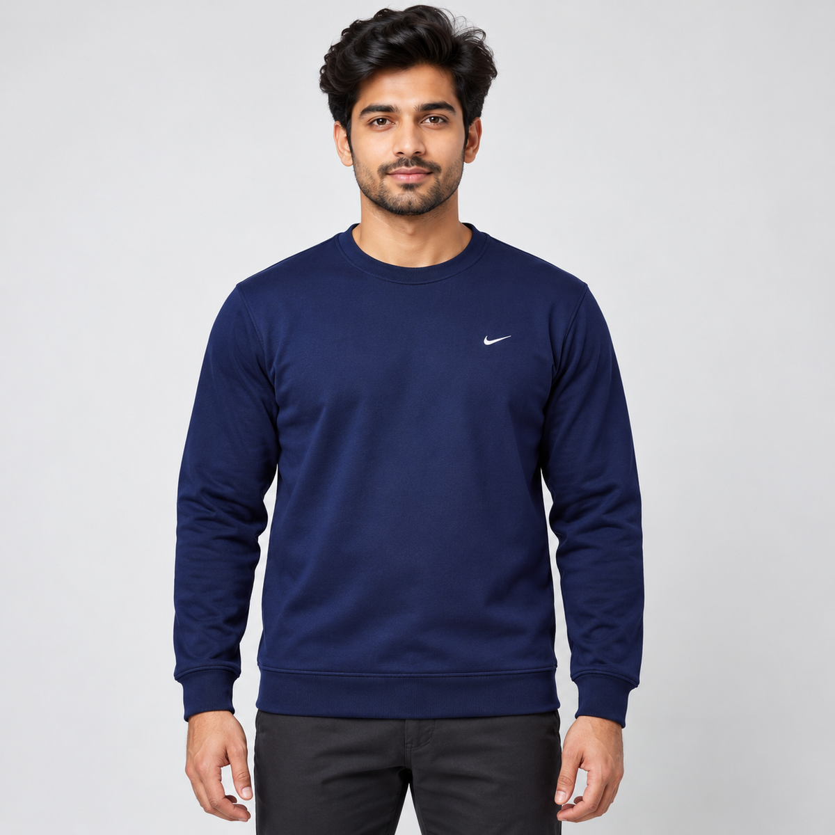 Small Chest Emblem Crew Neck Sweatshirt - Navy Blue - adult male model, front view