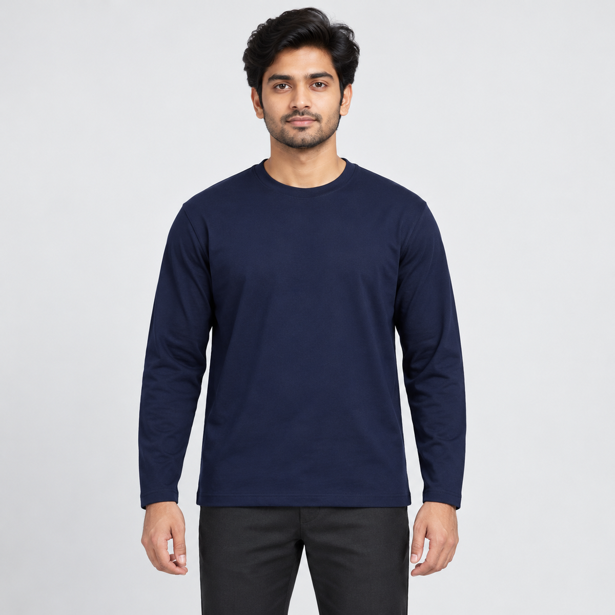 Plain Crew Neck Long Sleeve T-Shirt - Dark Navy - adult male model, front view