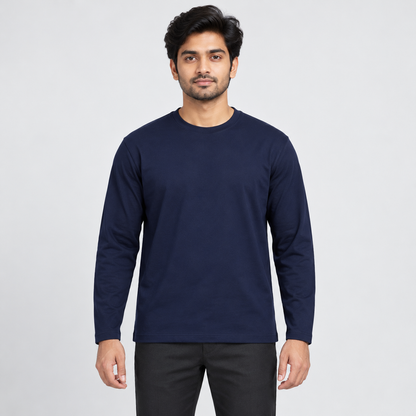 Plain Crew Neck Long Sleeve T-Shirt - Dark Navy - adult male model, front view