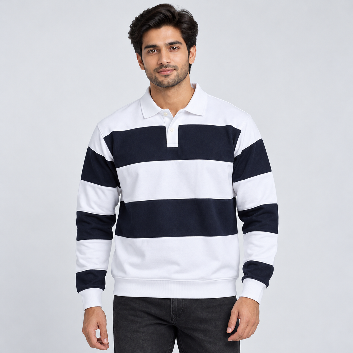 Broad Stripe Long Sleeve Polo T-Shirt - White Navy - adult male model, front view