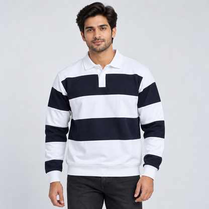 Broad Stripe Long Sleeve Polo T-Shirt - White Navy - adult male model, front view