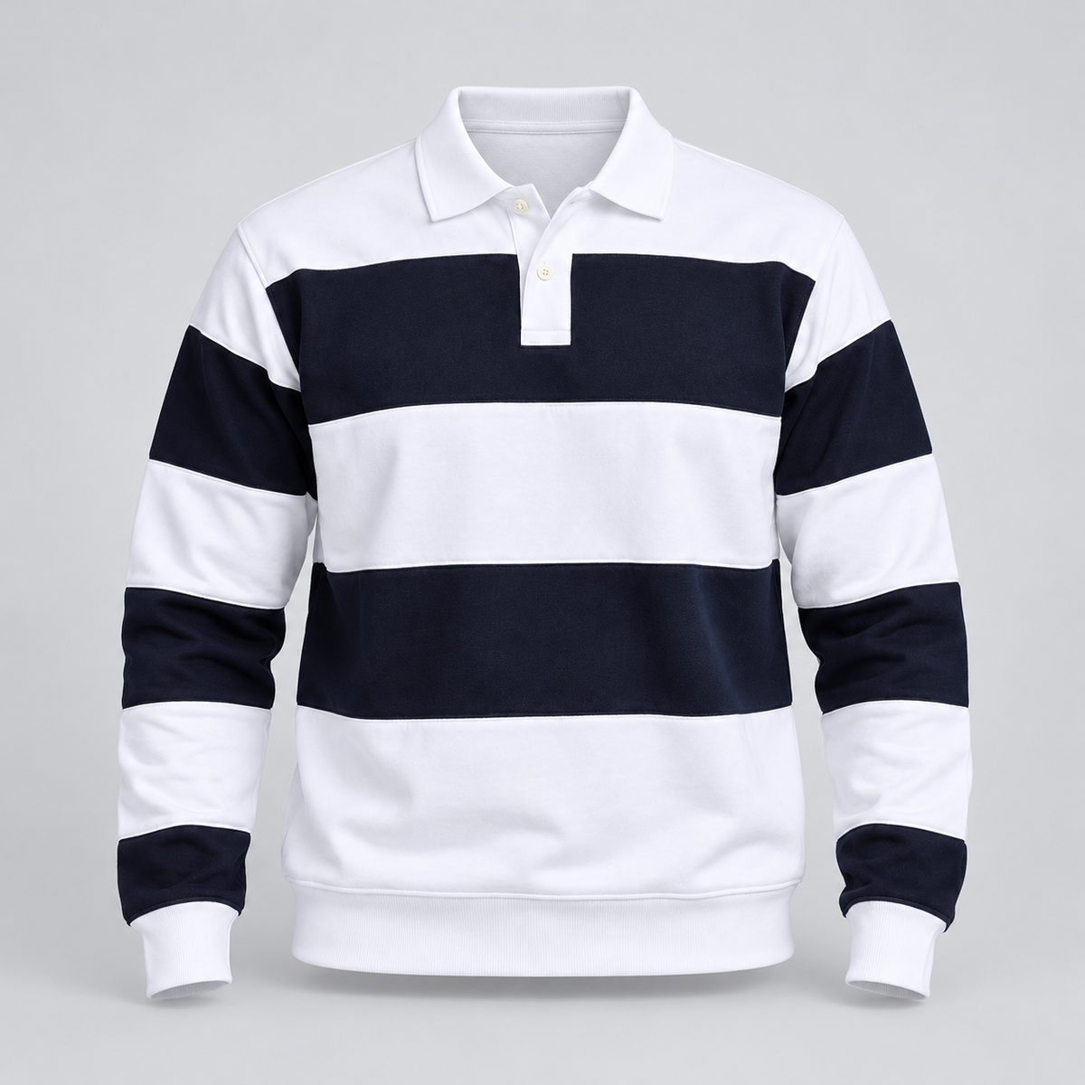 Broad Stripe Long Sleeve Polo T-Shirt - White Navy - product-only front view