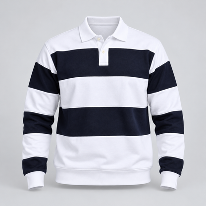 Broad Stripe Long Sleeve Polo T-Shirt - White Navy - product-only front view