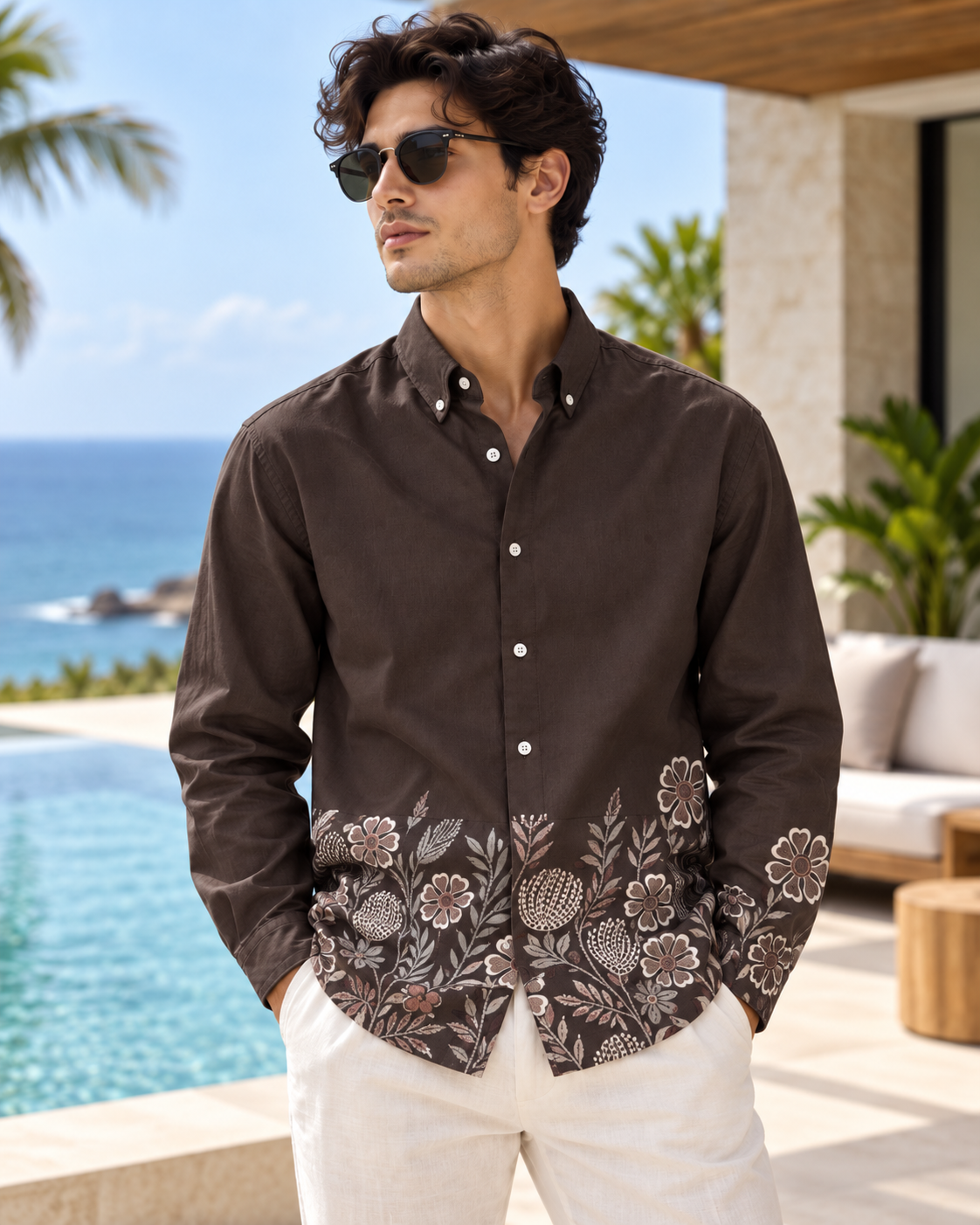 Premium Floral Hem Print Shirt - Brown