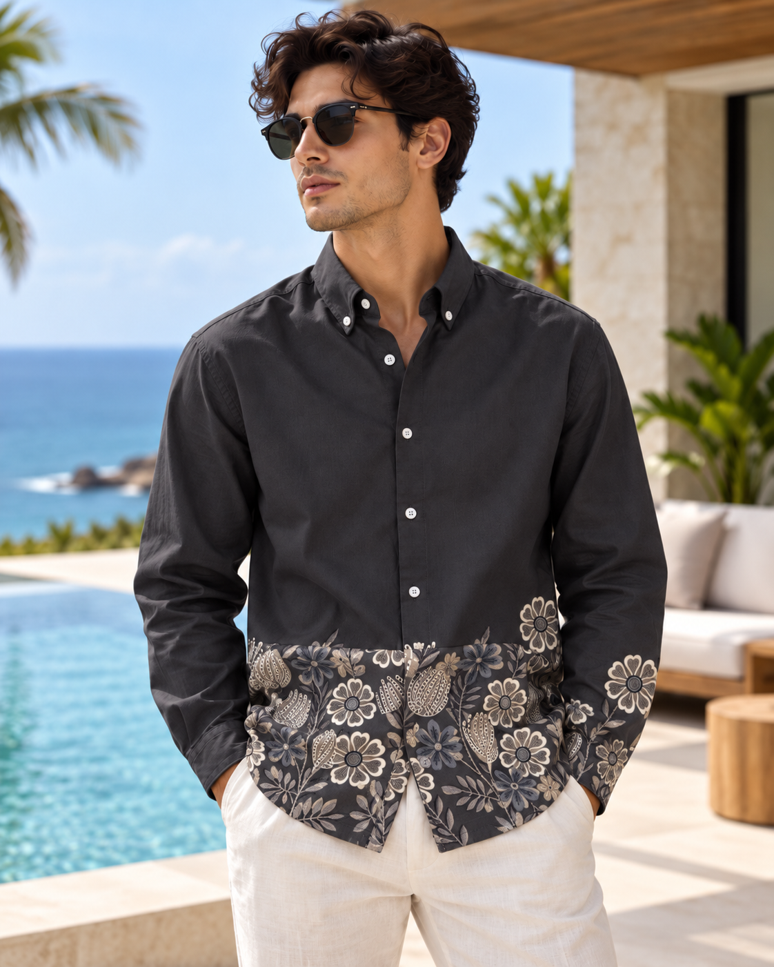 Premium Floral Hem Print Shirt - Charcoal