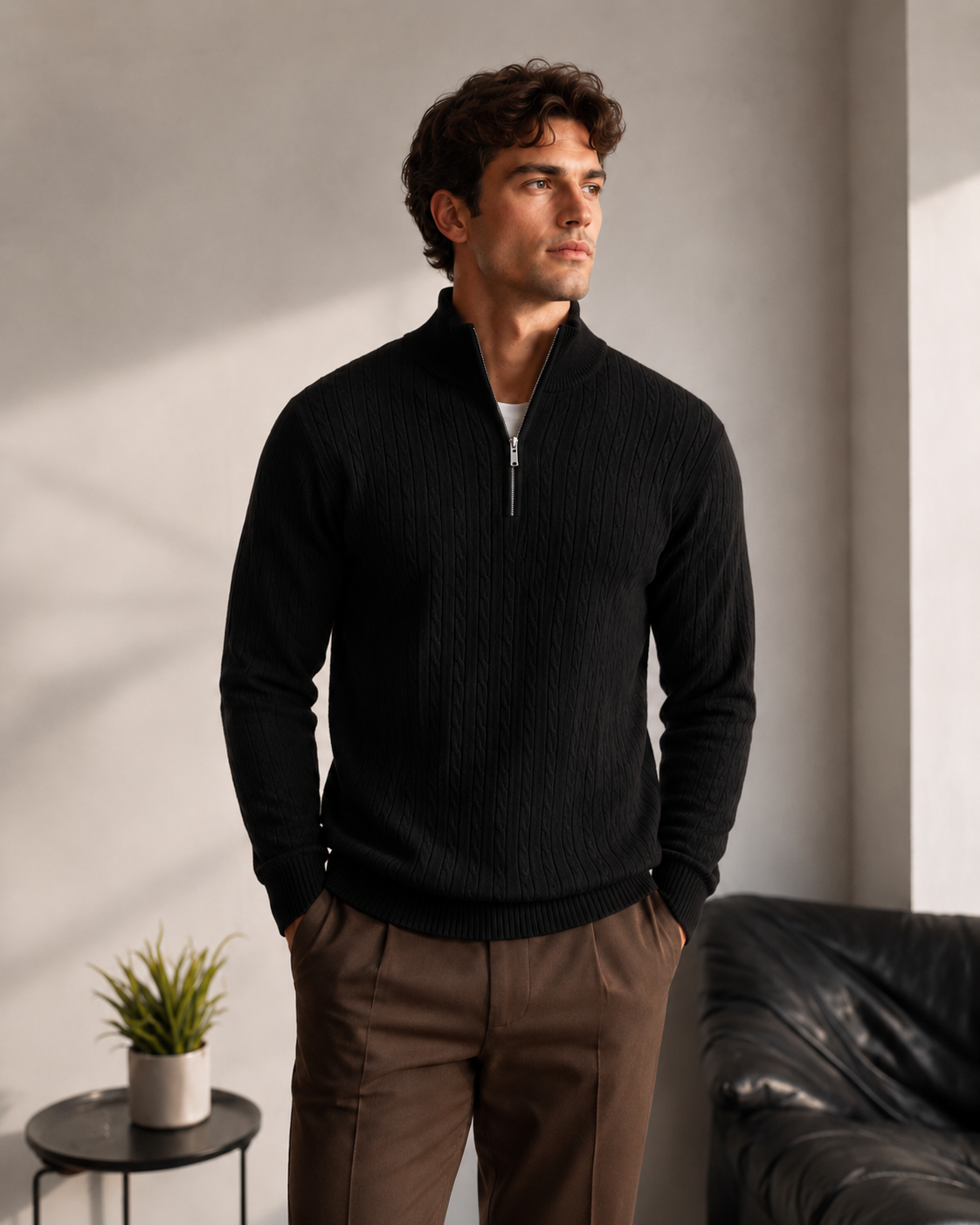 Premium Half Zip Cable Knit Pullover Black