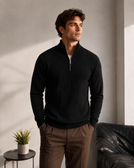 Premium Half Zip Cable Knit Pullover Black
