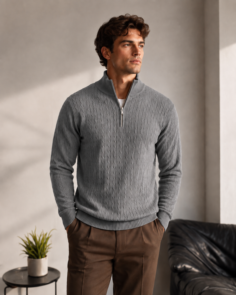 Premium Half Zip Cable Knit Pullover - Camel
