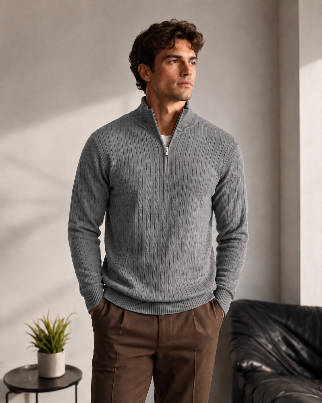 Premium Half Zip Cable Knit Pullover Grey