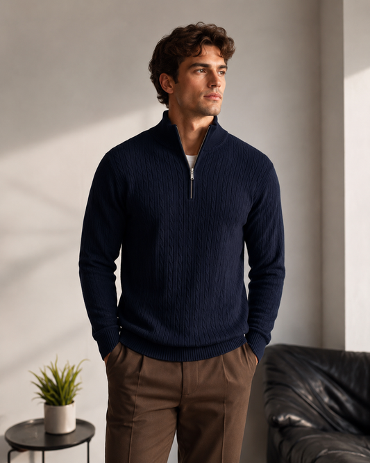 Premium Half Zip Cable Knit Pullover Navy Blue