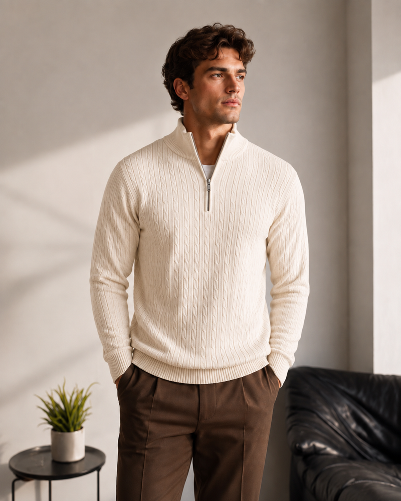 Premium Half Zip Cable Knit Pullover - Off White
