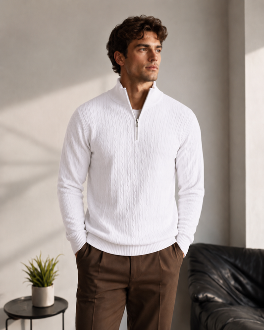 Premium Half Zip Cable Knit Pullover White