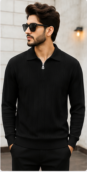Premium Ribbed Half Zip Polo Black