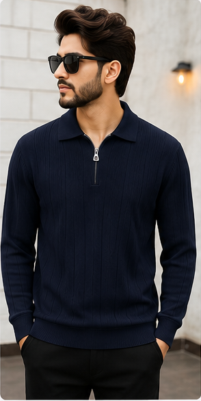Premium Ribbed Half Zip Polo Navy