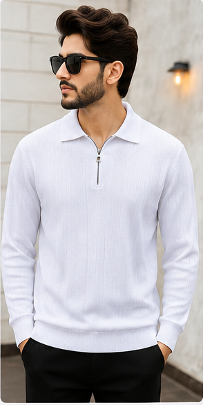 Premium Ribbed Half Zip Polo White