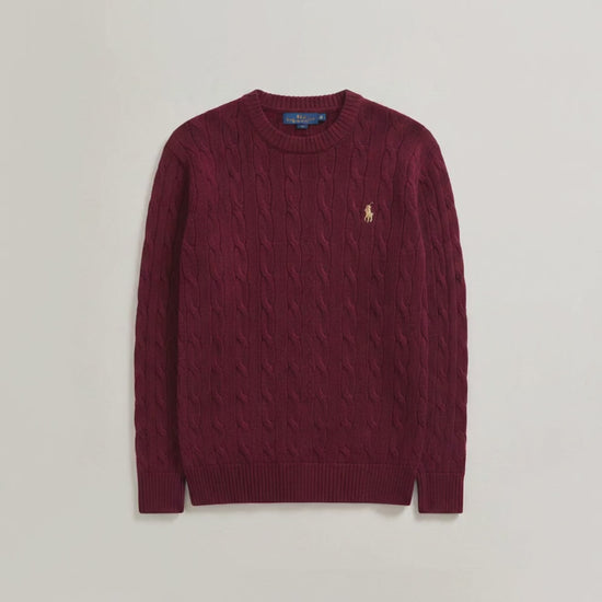 Burgundy cable knit pullover premium product video