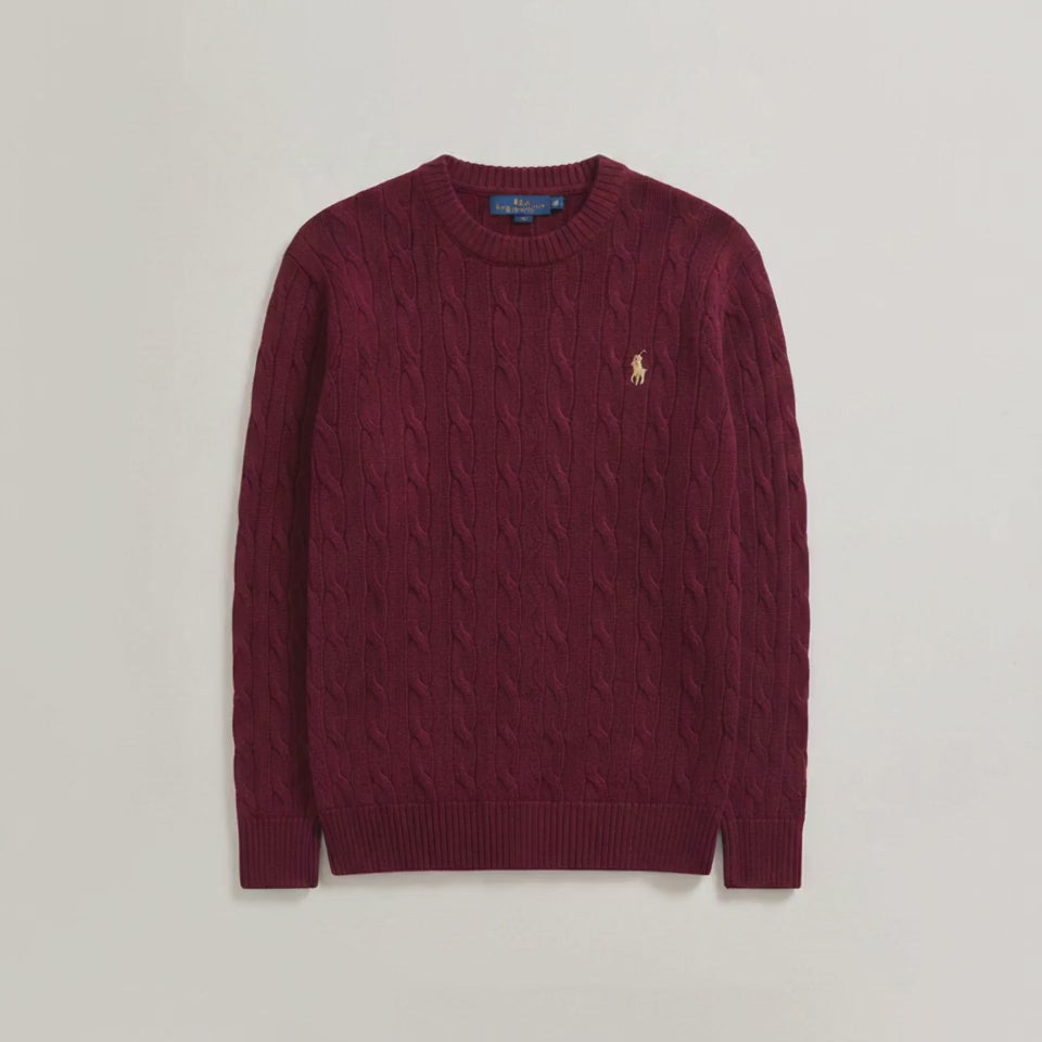 Burgundy cable knit pullover premium product video