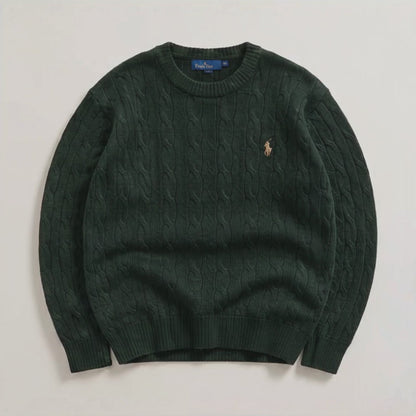 Dark green cable knit pullover premium product video