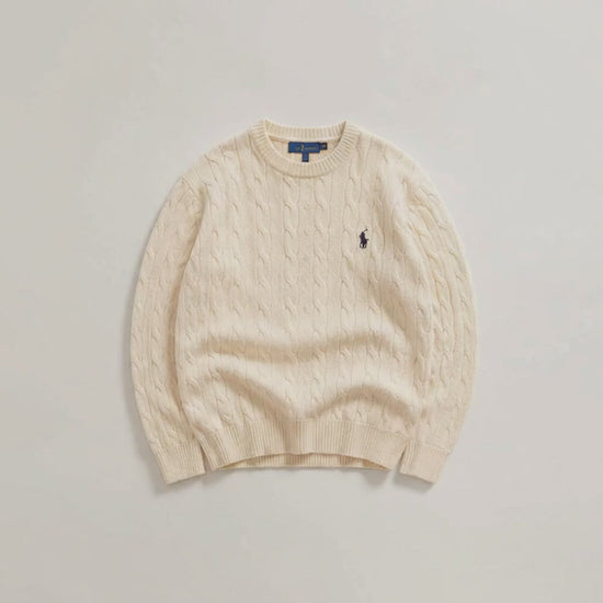 Cream cable knit pullover premium product video