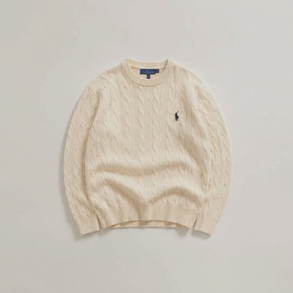 Cream cable knit pullover premium product video