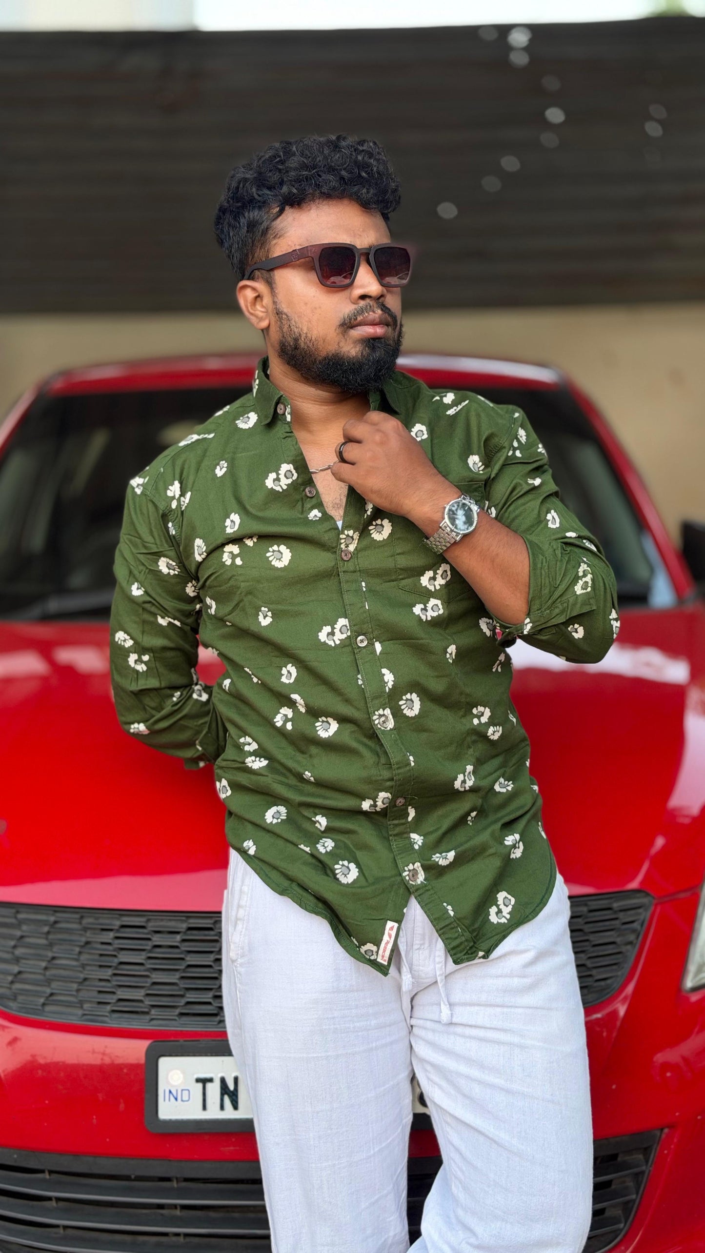 Scattered Floral Printed Shirt — Olive Green