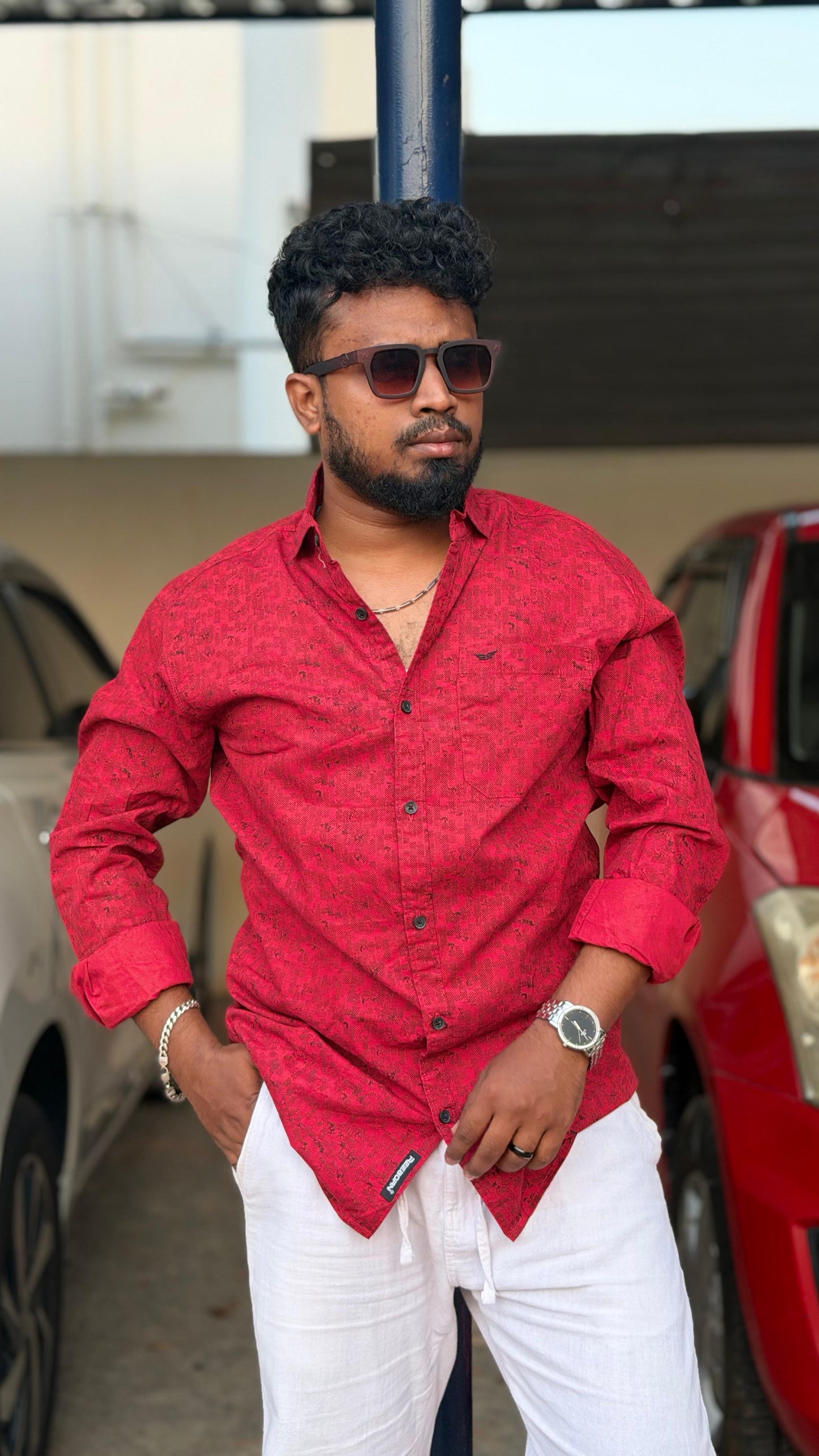 Outline Letter Printed Shirt — Pink Red
