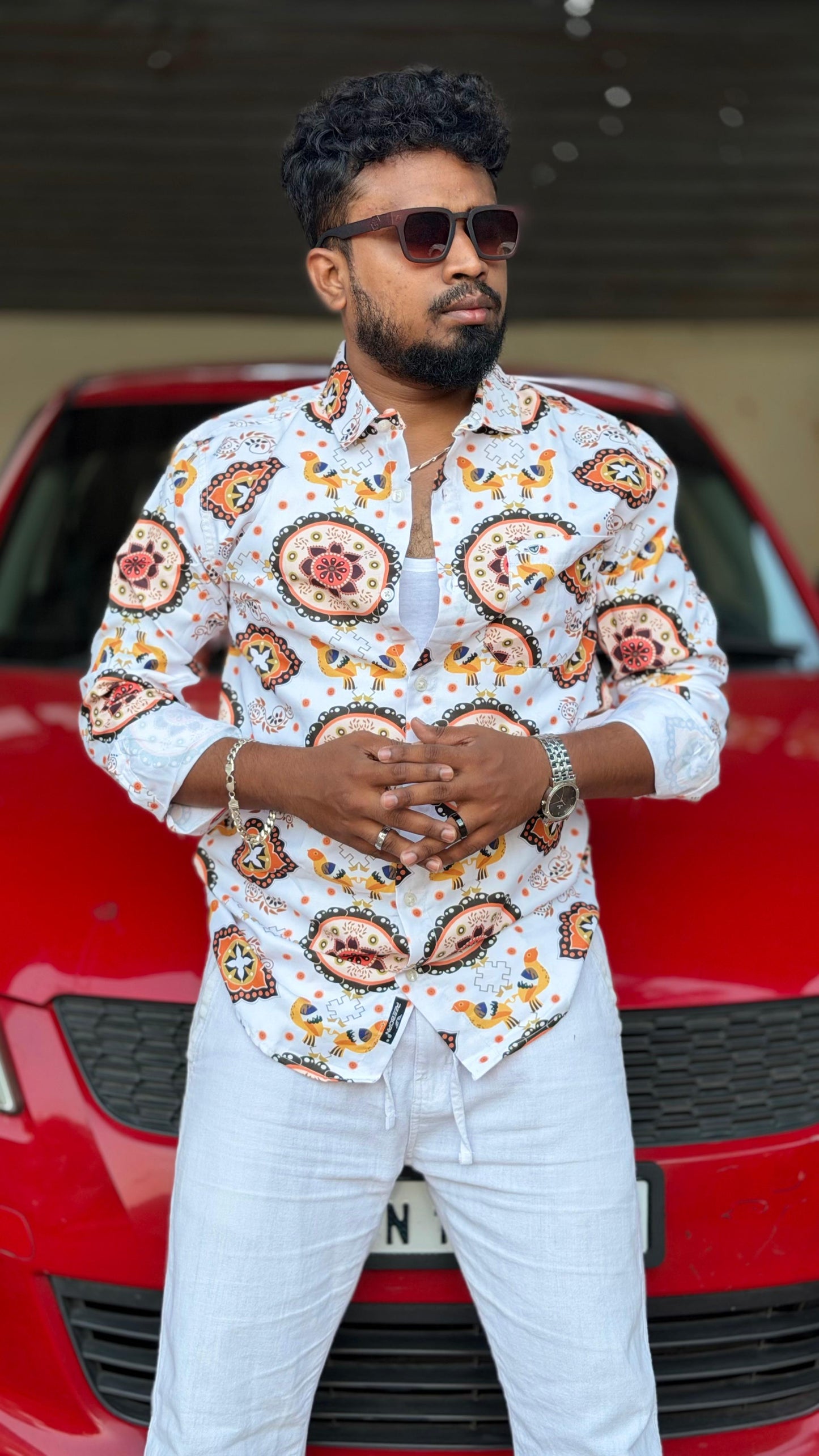 Folk Bird &amp; Mandala Printed Shirt — White