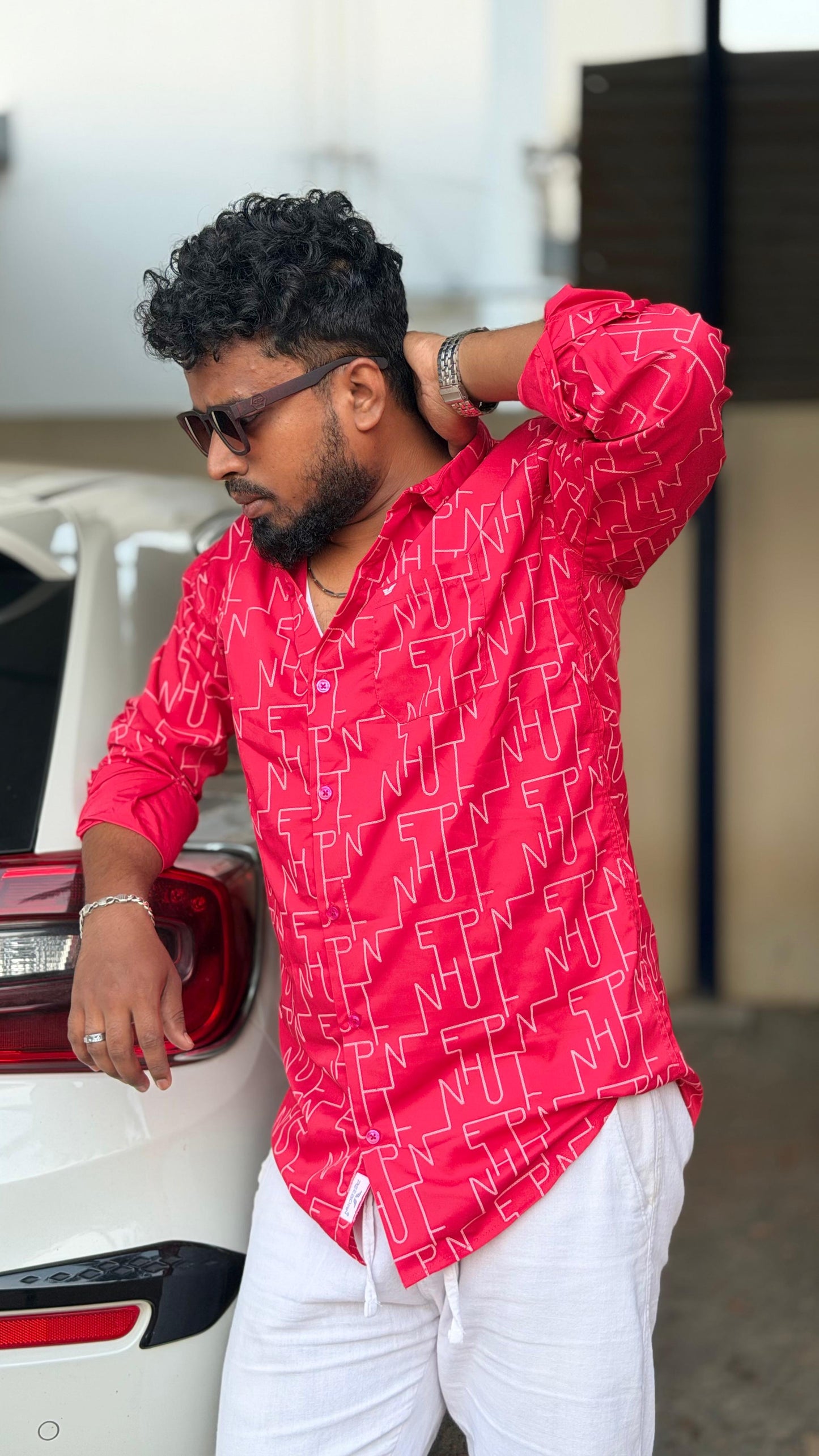Abstract Texture Printed Shirt — Deep Red