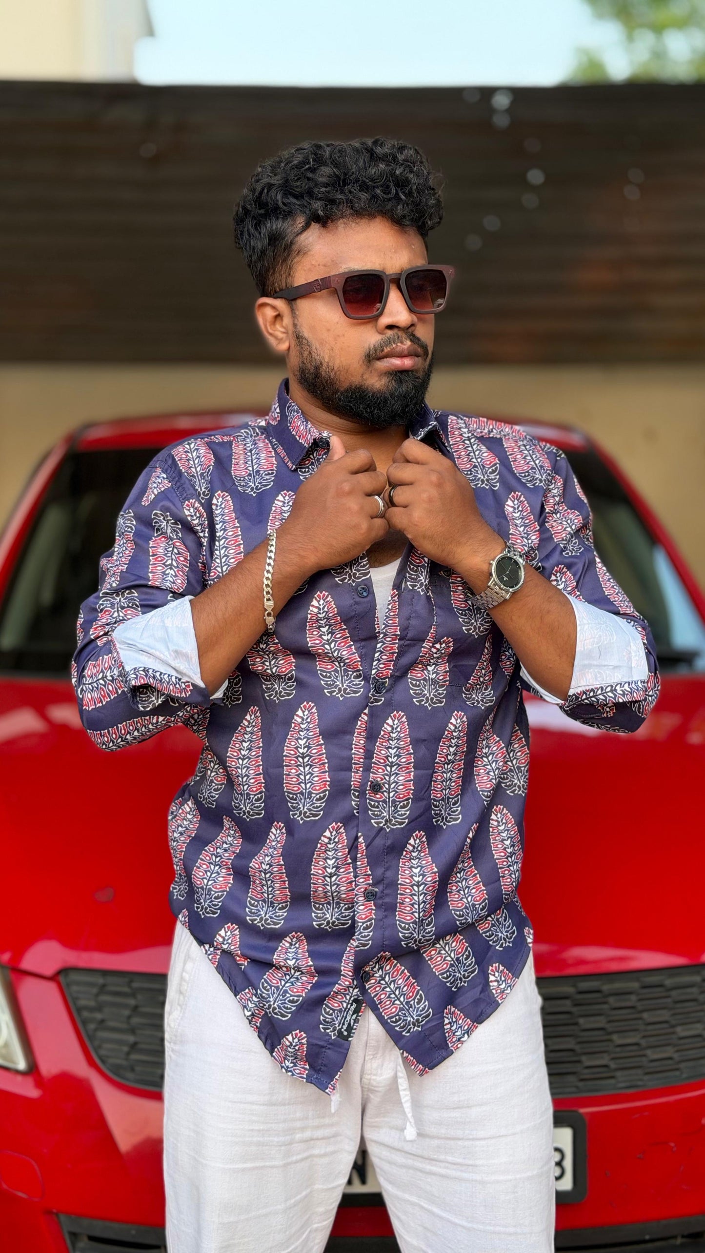 Leaf Block Printed Shirt — Slate Navy