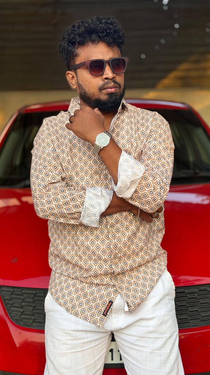 Diamond Motif Printed Shirt — Tan