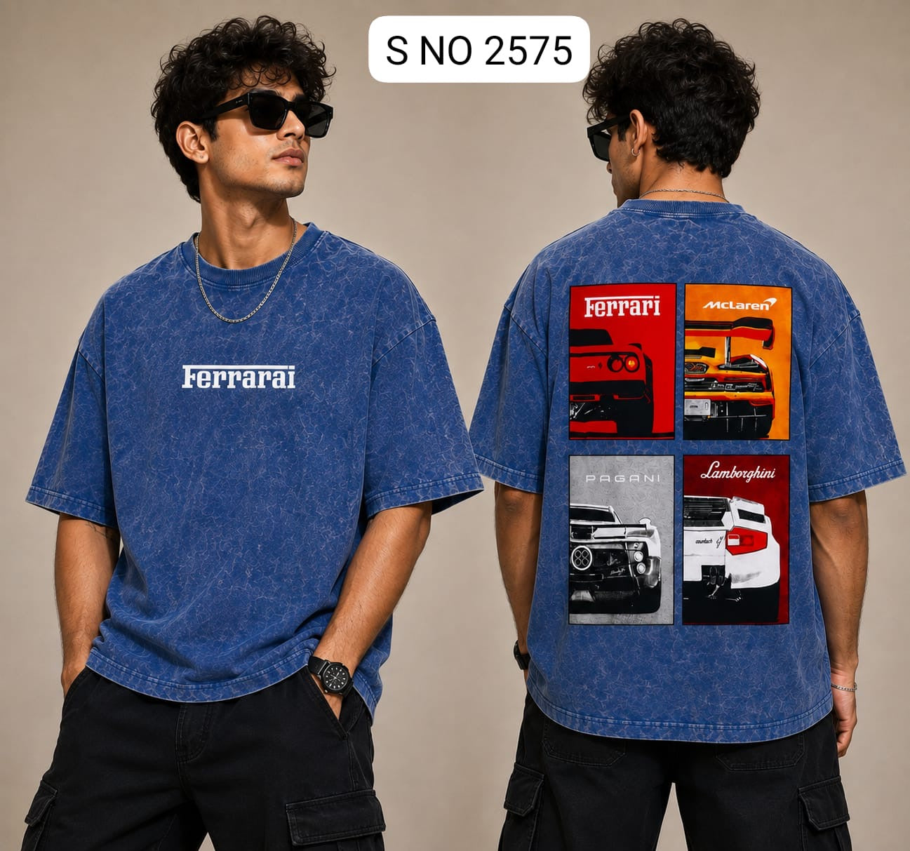 S NO 2575 blue Ferrari graphic oversized T-shirt front and back